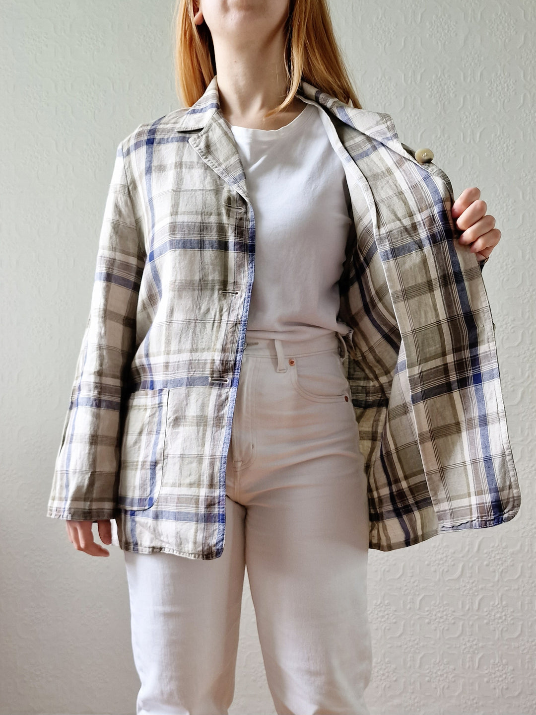 Vintage 90s Blue & Grey Checked Lightweight Linen Jacket - S/M