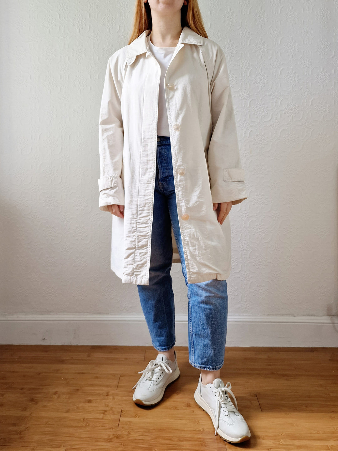 Vintage Lightweight White Single Breasted Trench Coat with Belt - S/M