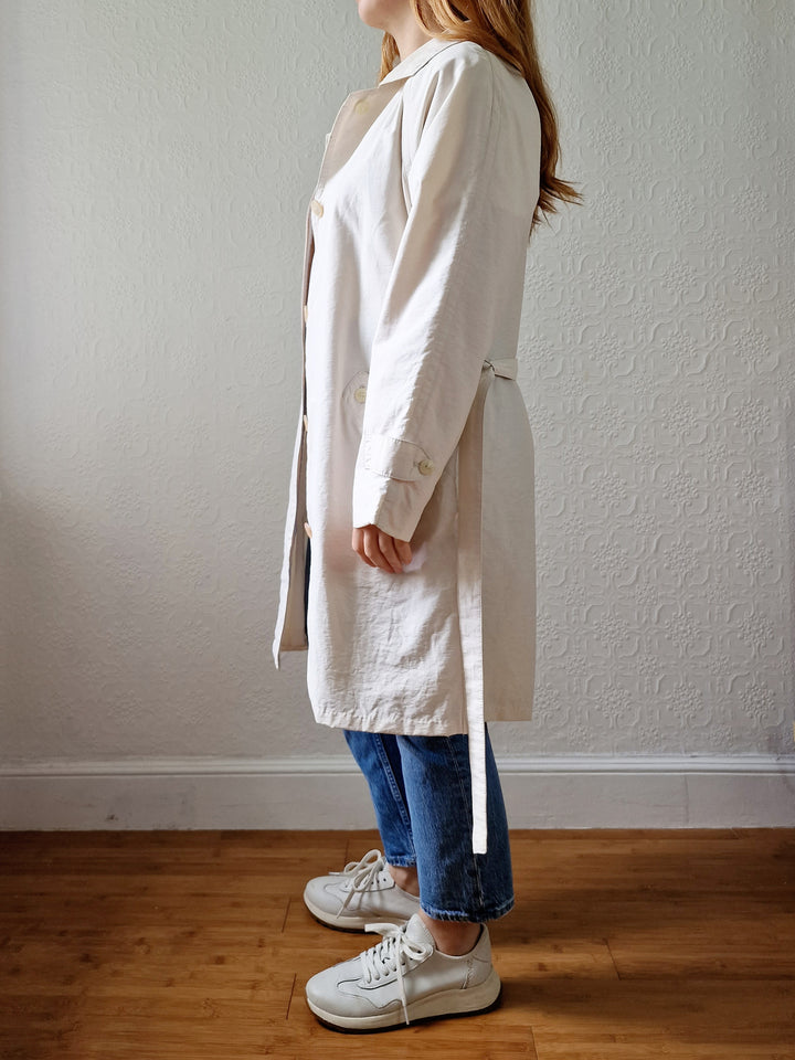 Vintage Lightweight White Single Breasted Trench Coat with Belt - S/M