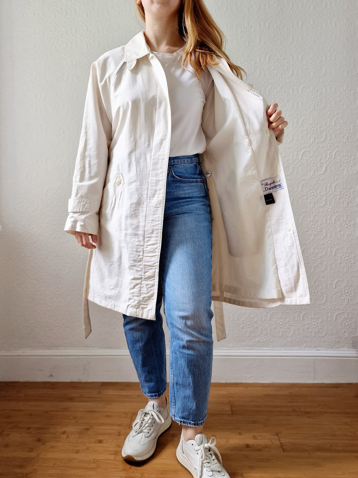 Vintage Lightweight White Single Breasted Trench Coat with Belt - S/M