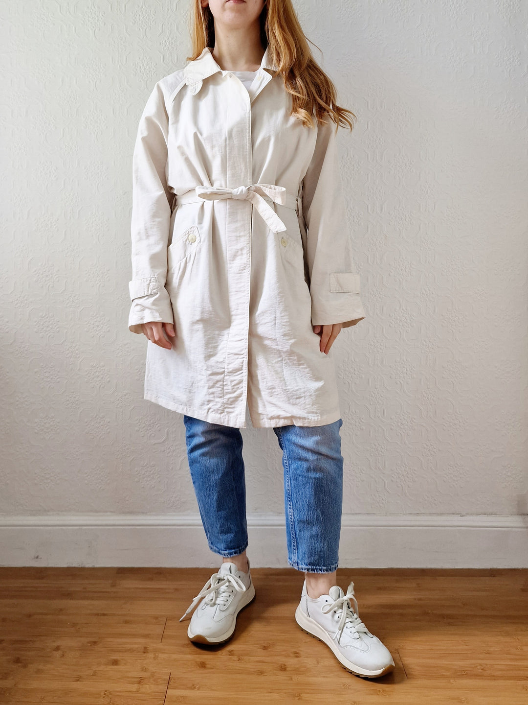 Vintage Lightweight White Single Breasted Trench Coat with Belt - S/M