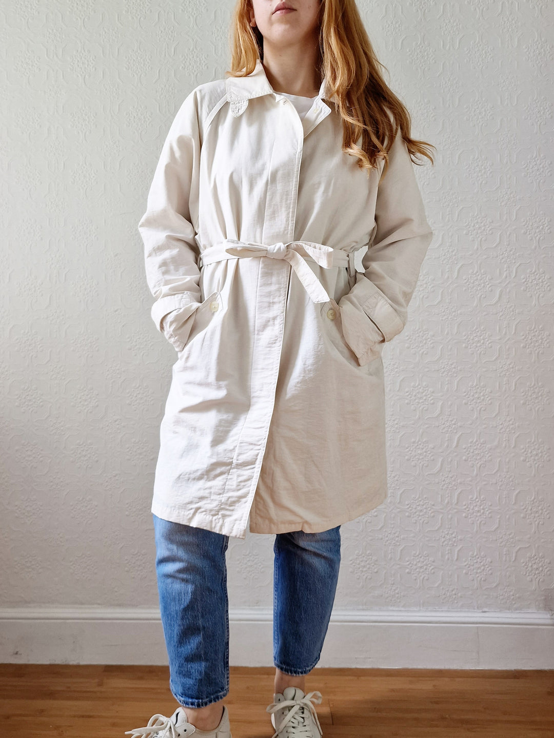 Vintage Lightweight White Single Breasted Trench Coat with Belt - S/M