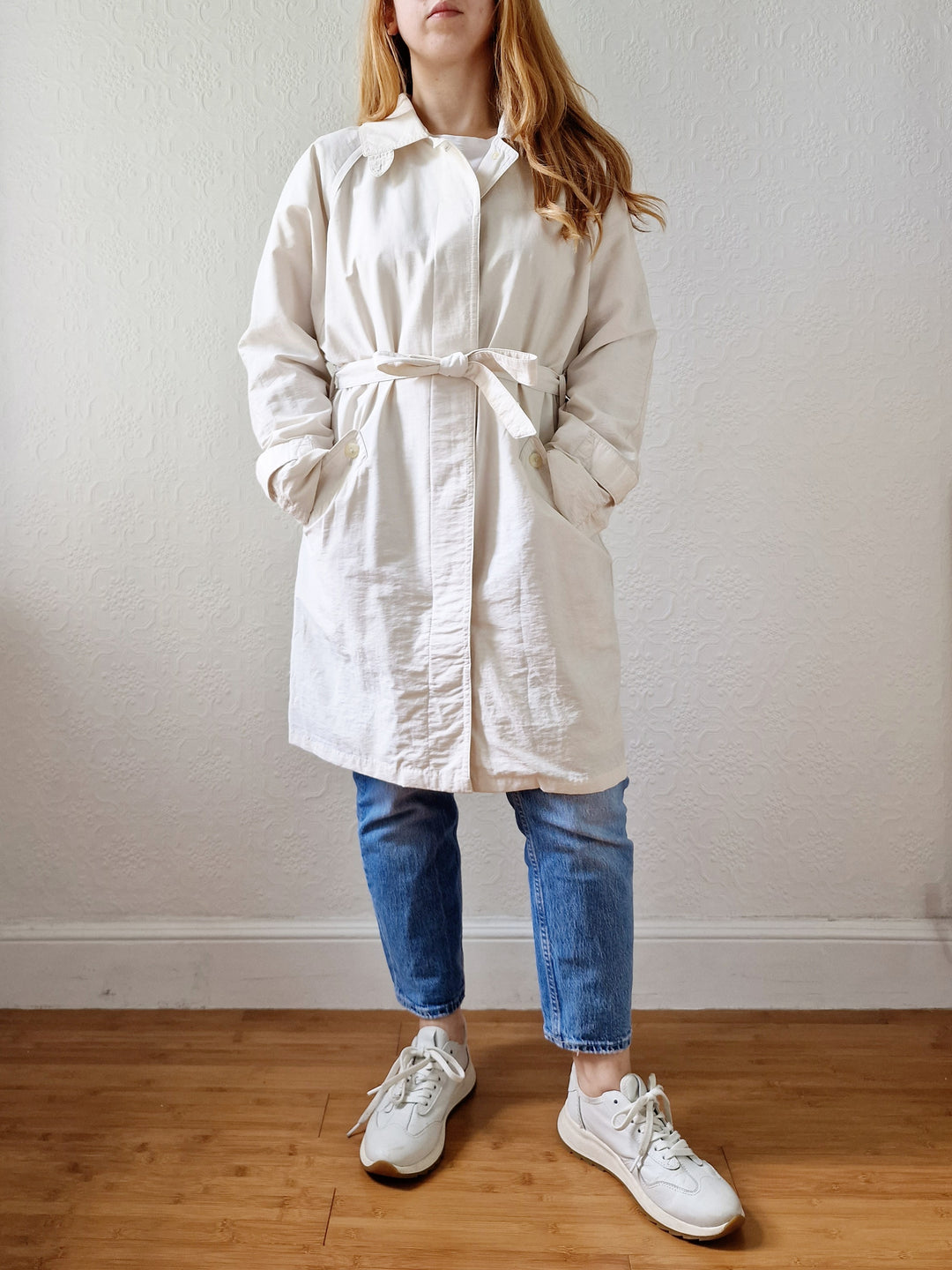 Vintage Lightweight White Single Breasted Trench Coat with Belt - S/M