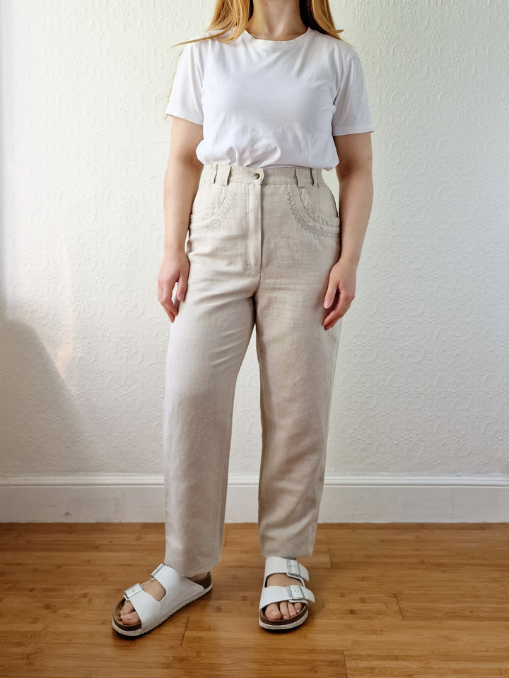 Vintage Oatmeal High Waisted Linen Trousers with Embroidery - S