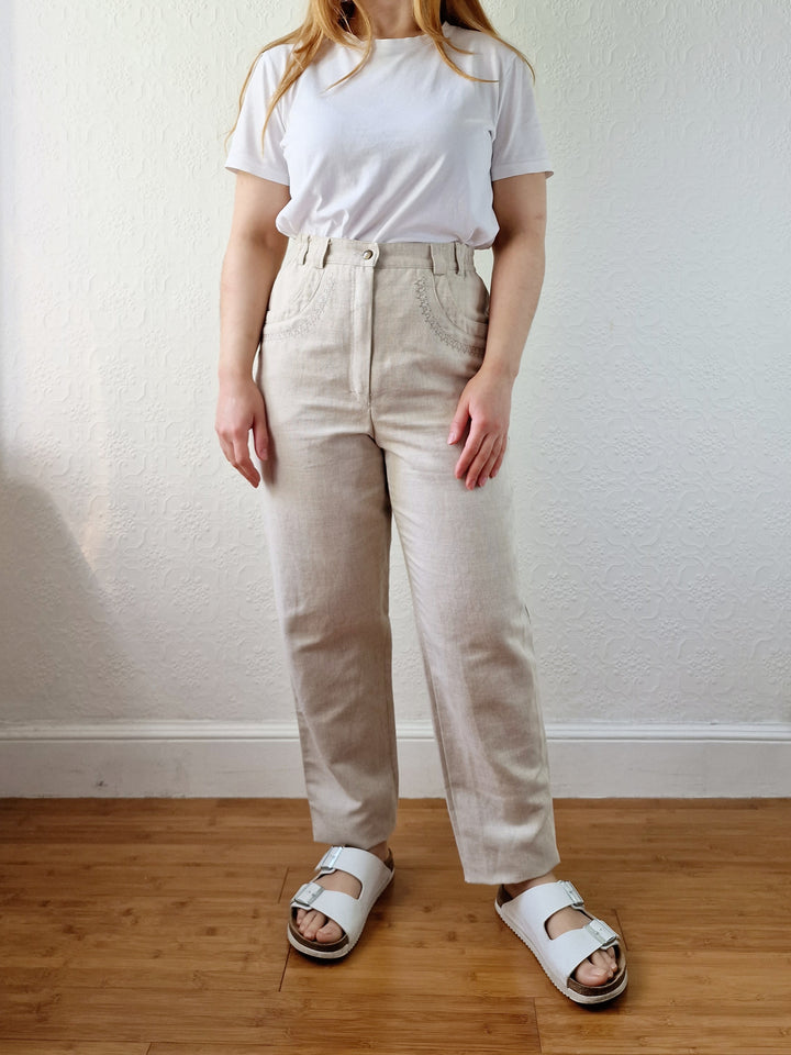 Vintage Oatmeal High Waisted Linen Trousers with Embroidery - S