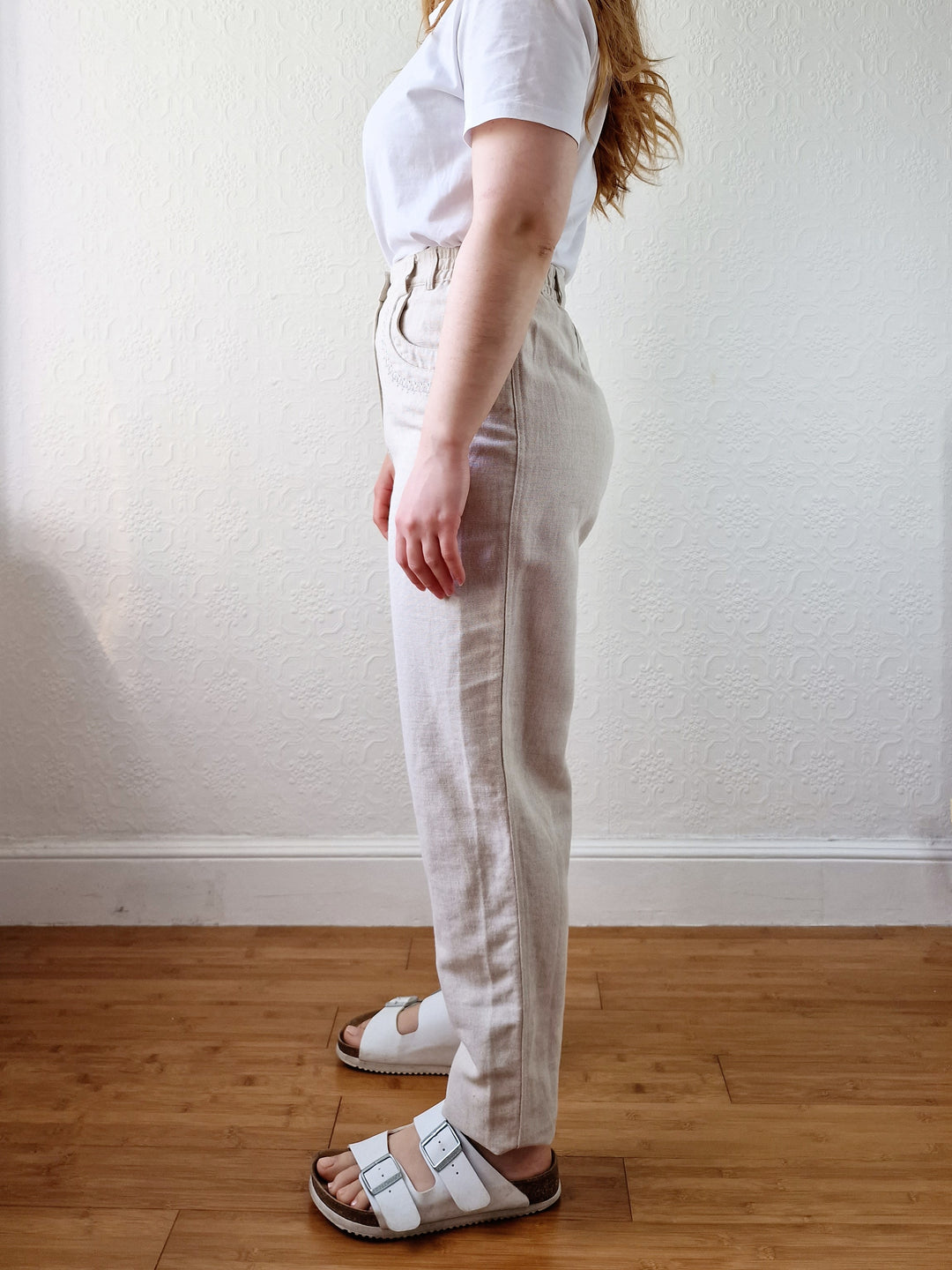 Vintage Oatmeal High Waisted Linen Trousers with Embroidery - S