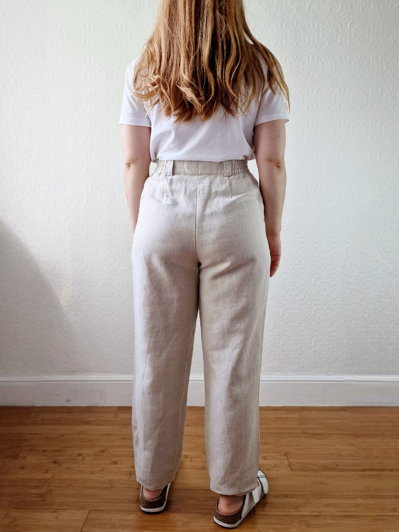 Vintage Oatmeal High Waisted Linen Trousers with Embroidery - S