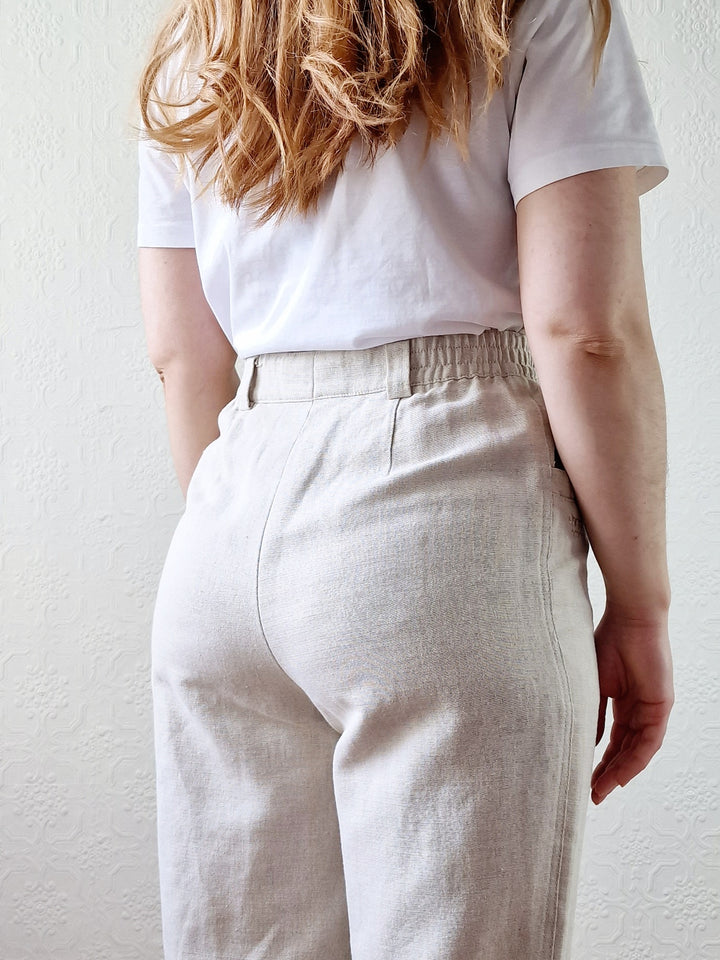 Vintage Oatmeal High Waisted Linen Trousers with Embroidery - S