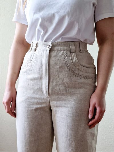Vintage Oatmeal High Waisted Linen Trousers with Embroidery - S