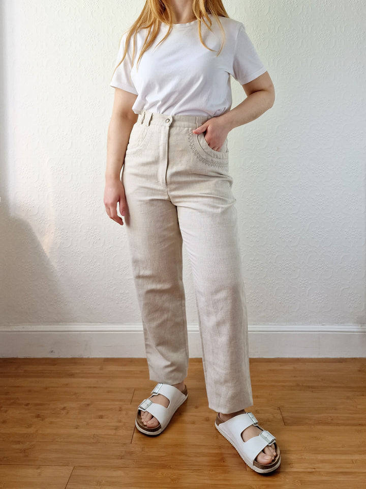 Vintage Oatmeal High Waisted Linen Trousers with Embroidery - S