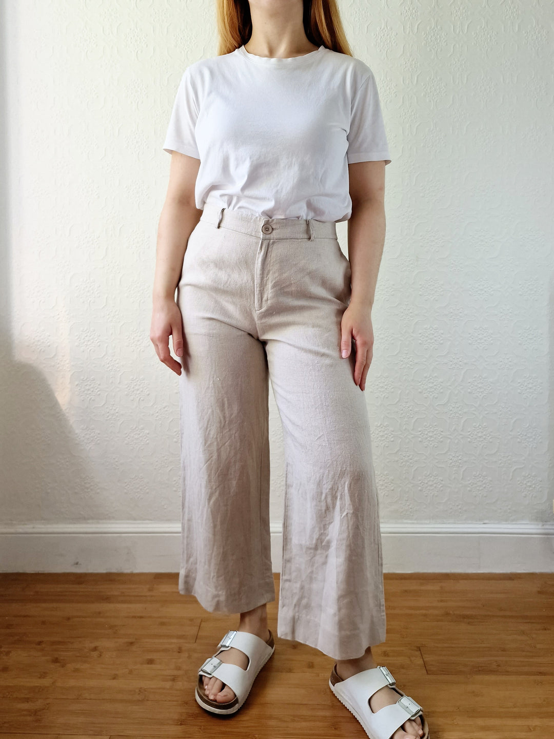 Oatmeal High Waisted Wide Leg Linen Trousers by GAP - S