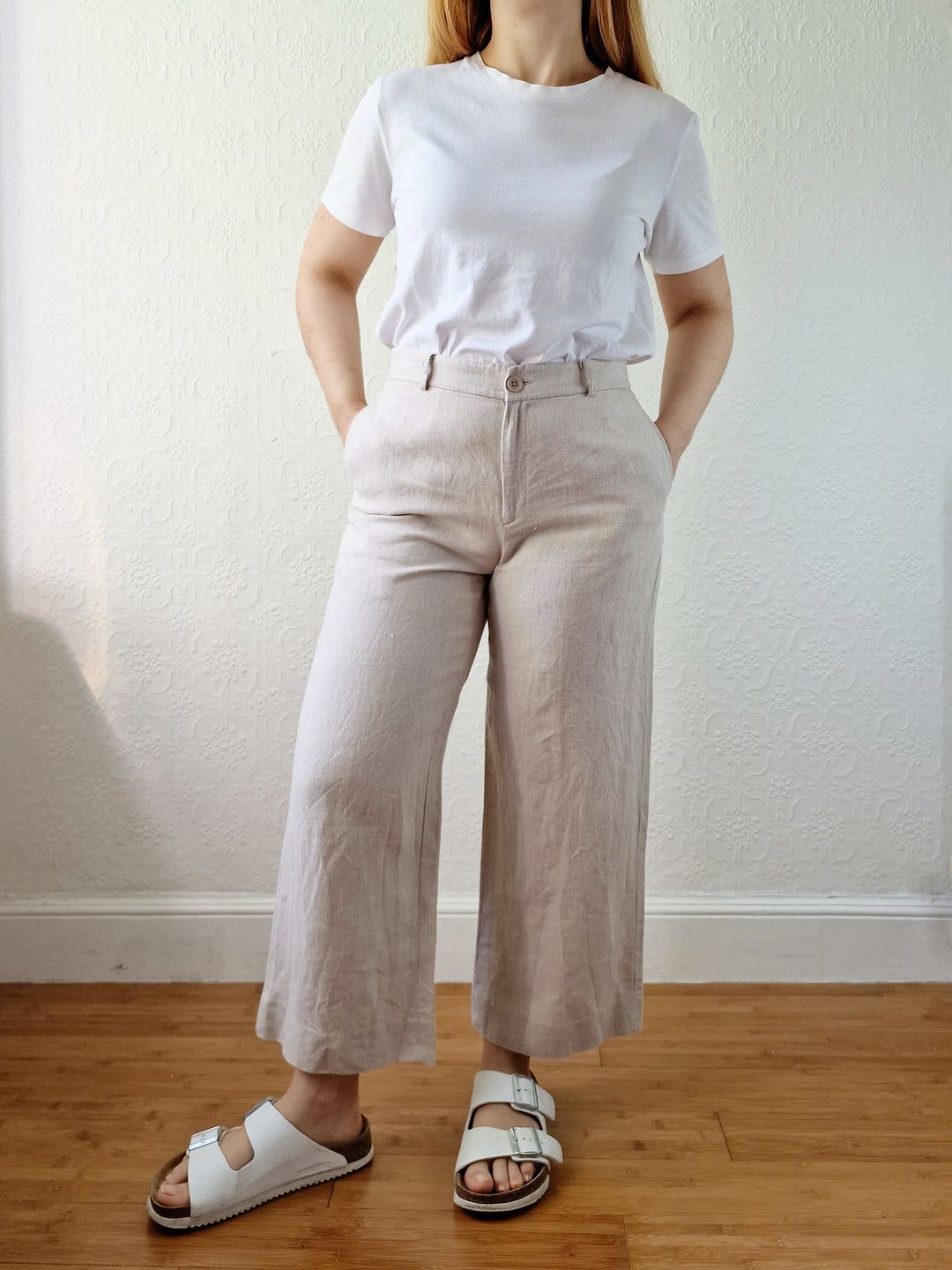 Oatmeal High Waisted Wide Leg Linen Trousers by GAP - S