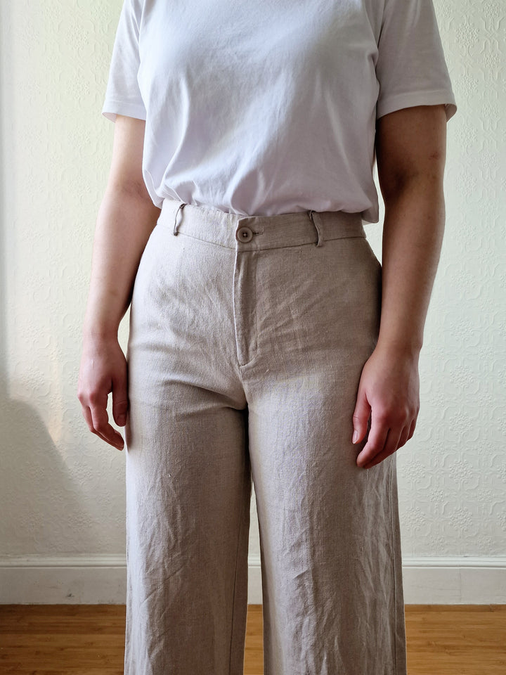 Oatmeal High Waisted Wide Leg Linen Trousers by GAP - S