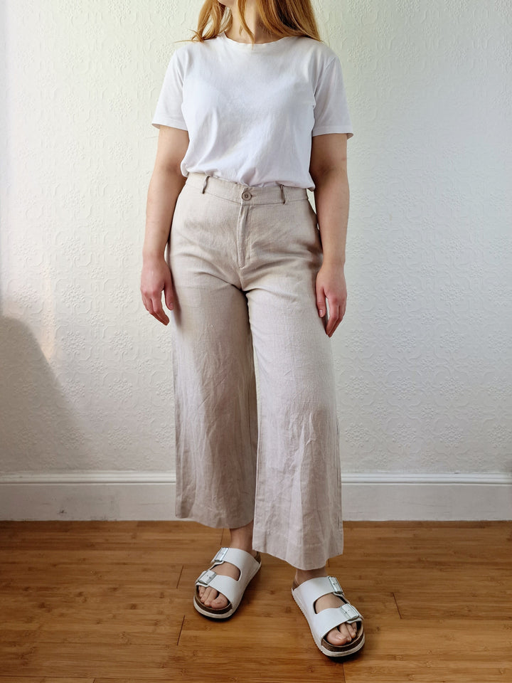 Oatmeal High Waisted Wide Leg Linen Trousers by GAP - S