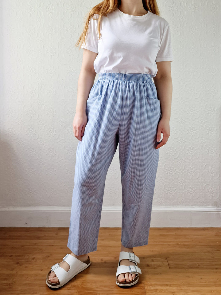 Vintage Blue & White Gingham High Waisted Cotton Trousers - M