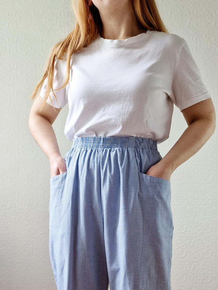 Vintage Blue & White Gingham High Waisted Cotton Trousers - M