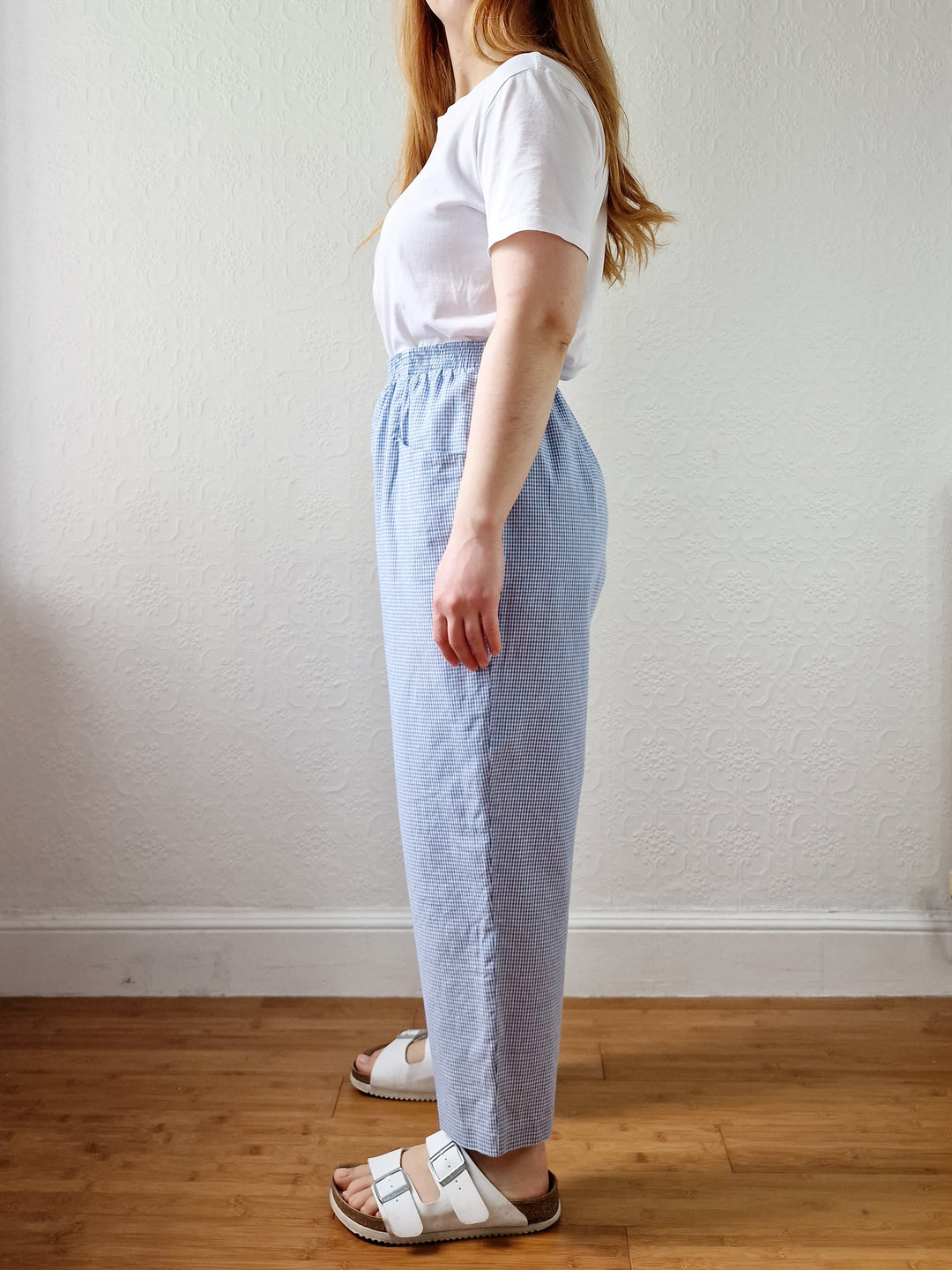 Vintage Blue & White Gingham High Waisted Cotton Trousers - M