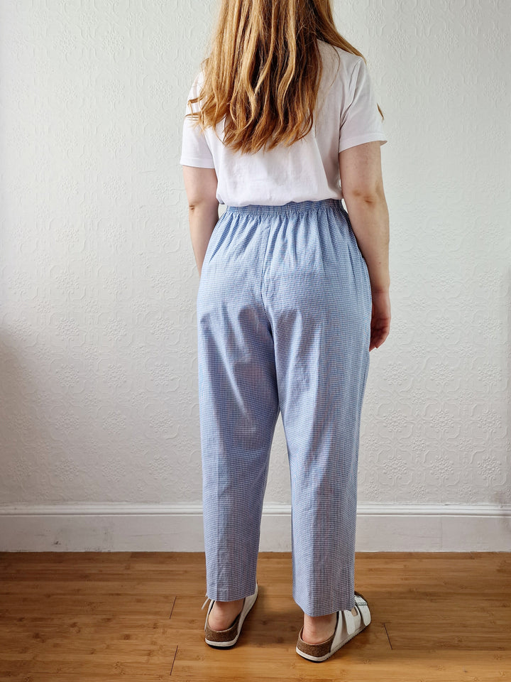 Vintage Blue & White Gingham High Waisted Cotton Trousers - M