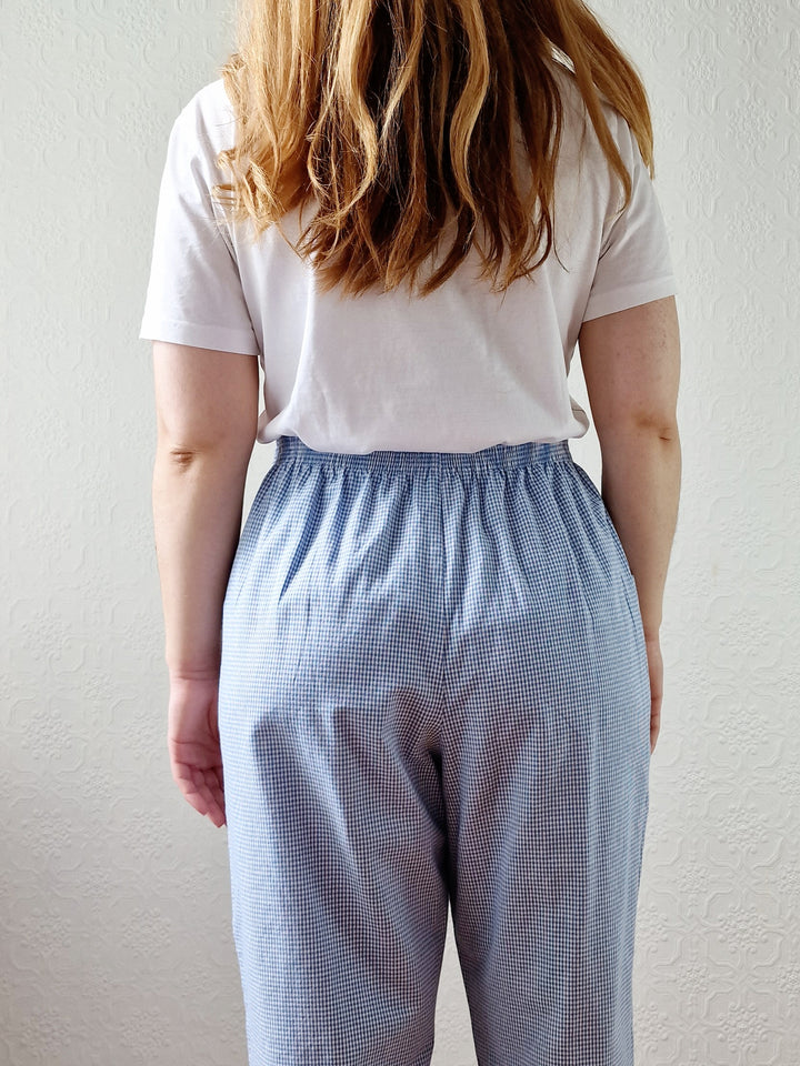 Vintage Blue & White Gingham High Waisted Cotton Trousers - M