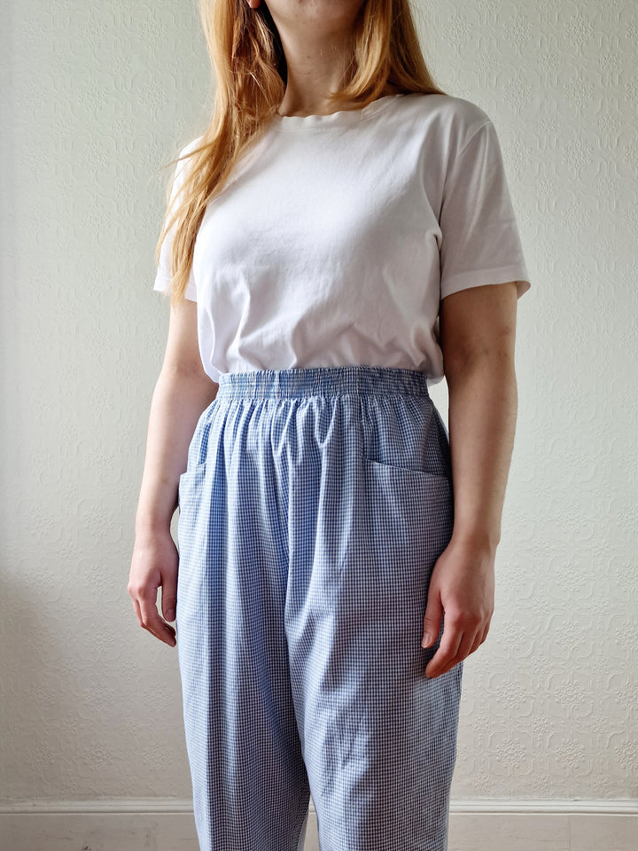 Vintage Blue & White Gingham High Waisted Cotton Trousers - M