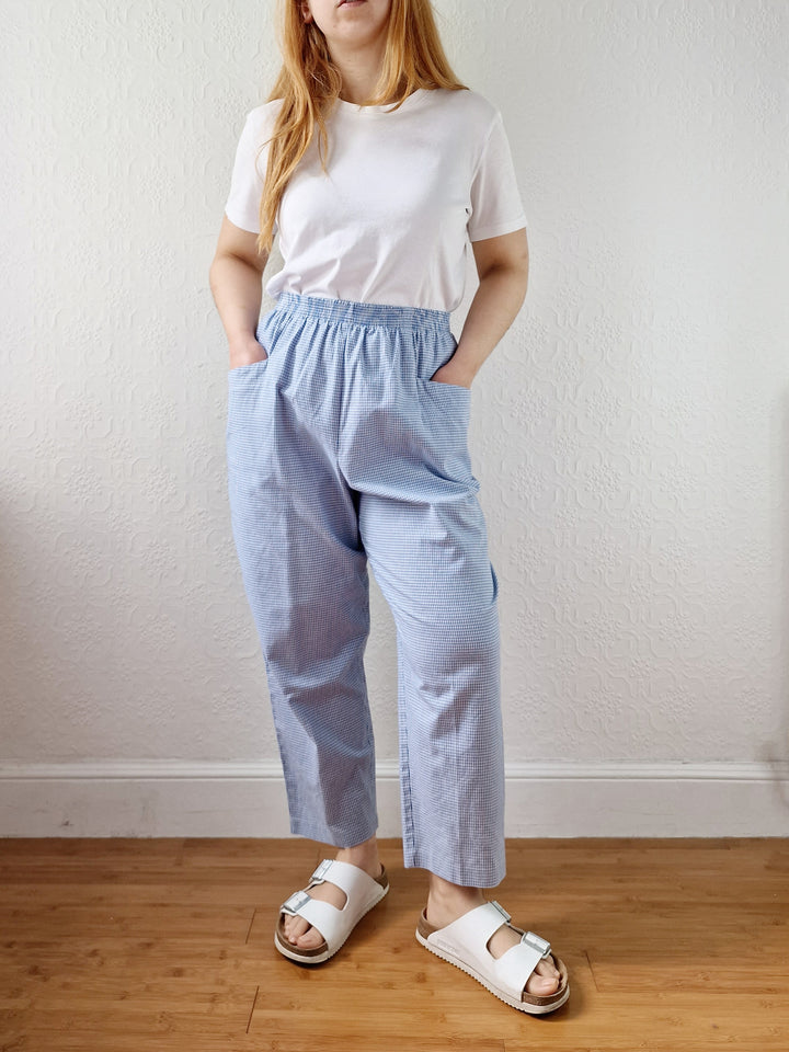 Vintage Blue & White Gingham High Waisted Cotton Trousers - M