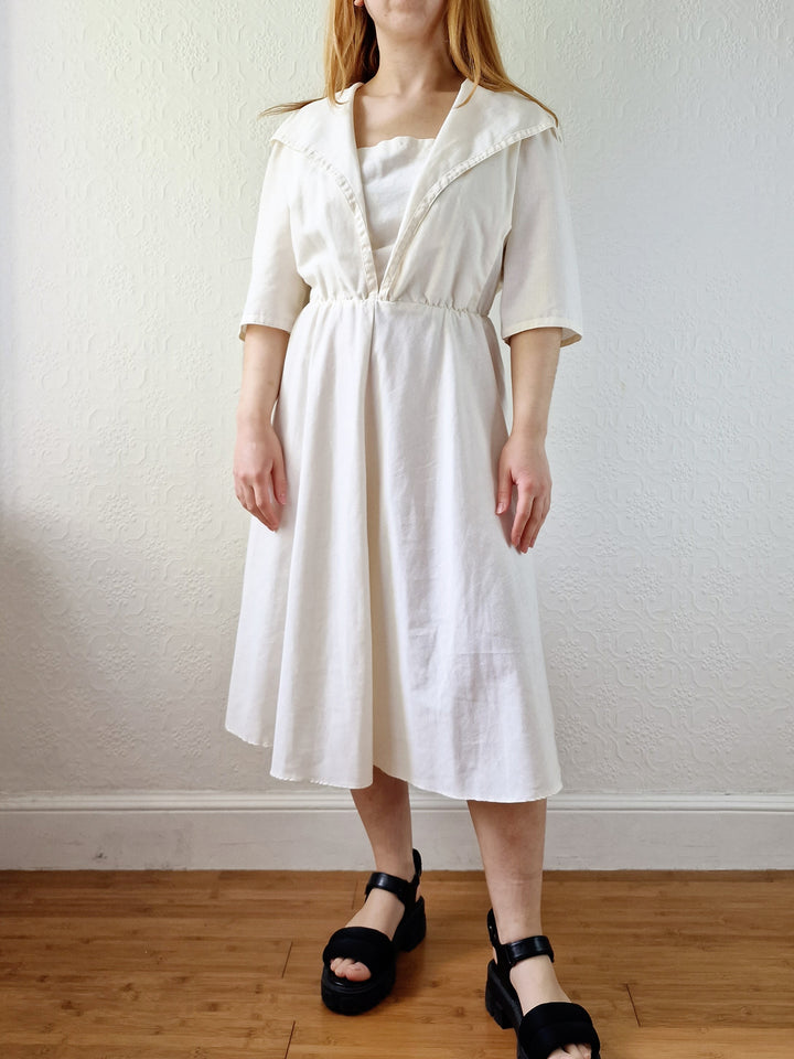 Vintage Cream Short Sleeve Dress with Sailor Collar - M/L