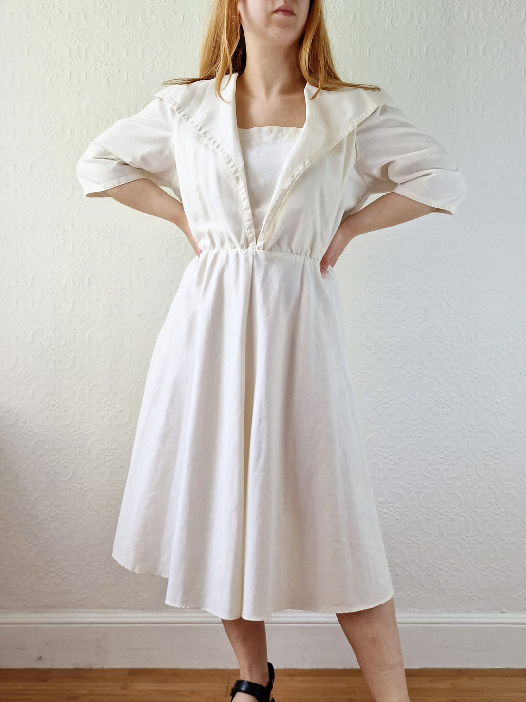 Vintage Cream Short Sleeve Dress with Sailor Collar - M/L