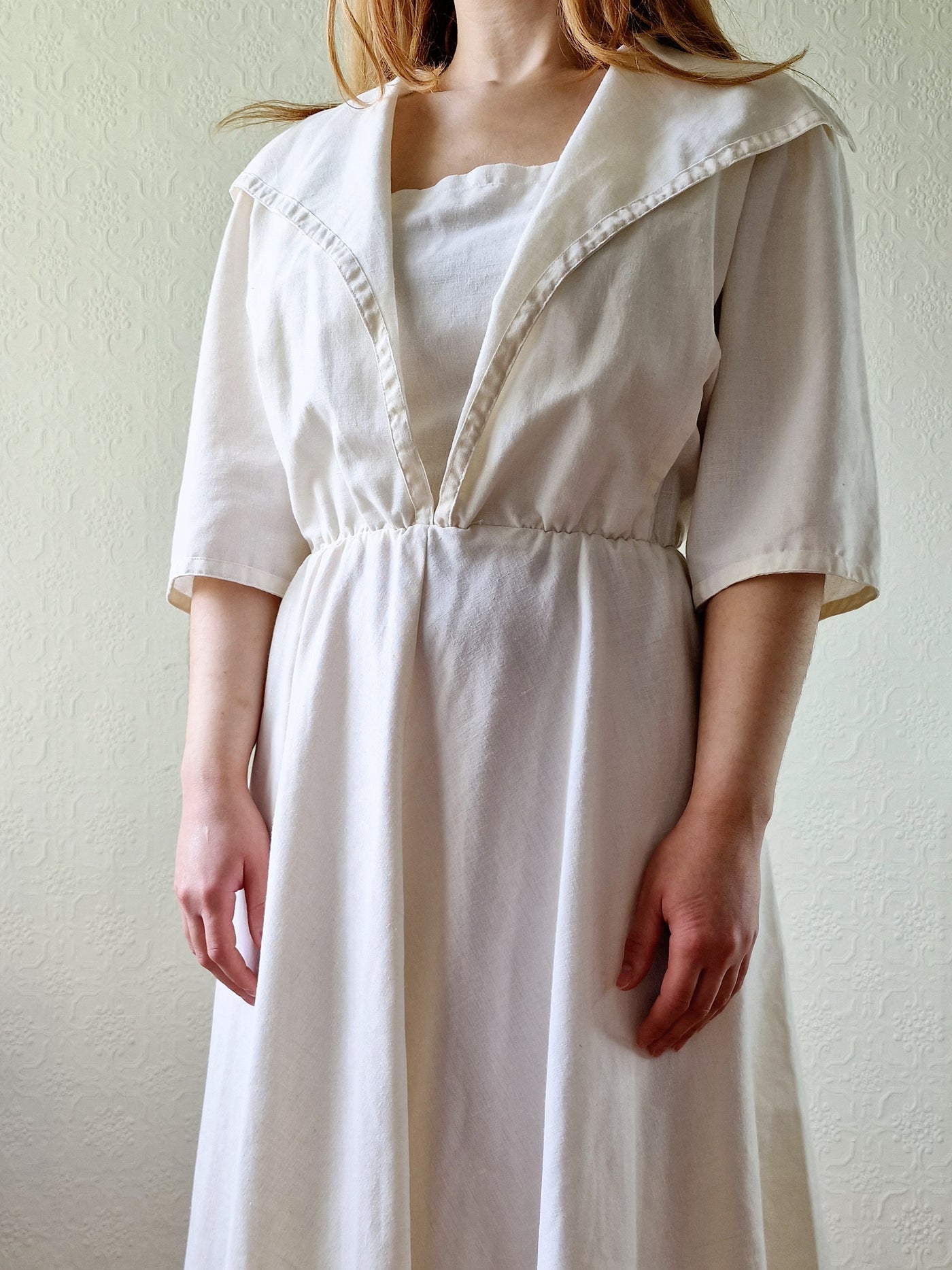 Vintage Cream Short Sleeve Dress with Sailor Collar - M/L