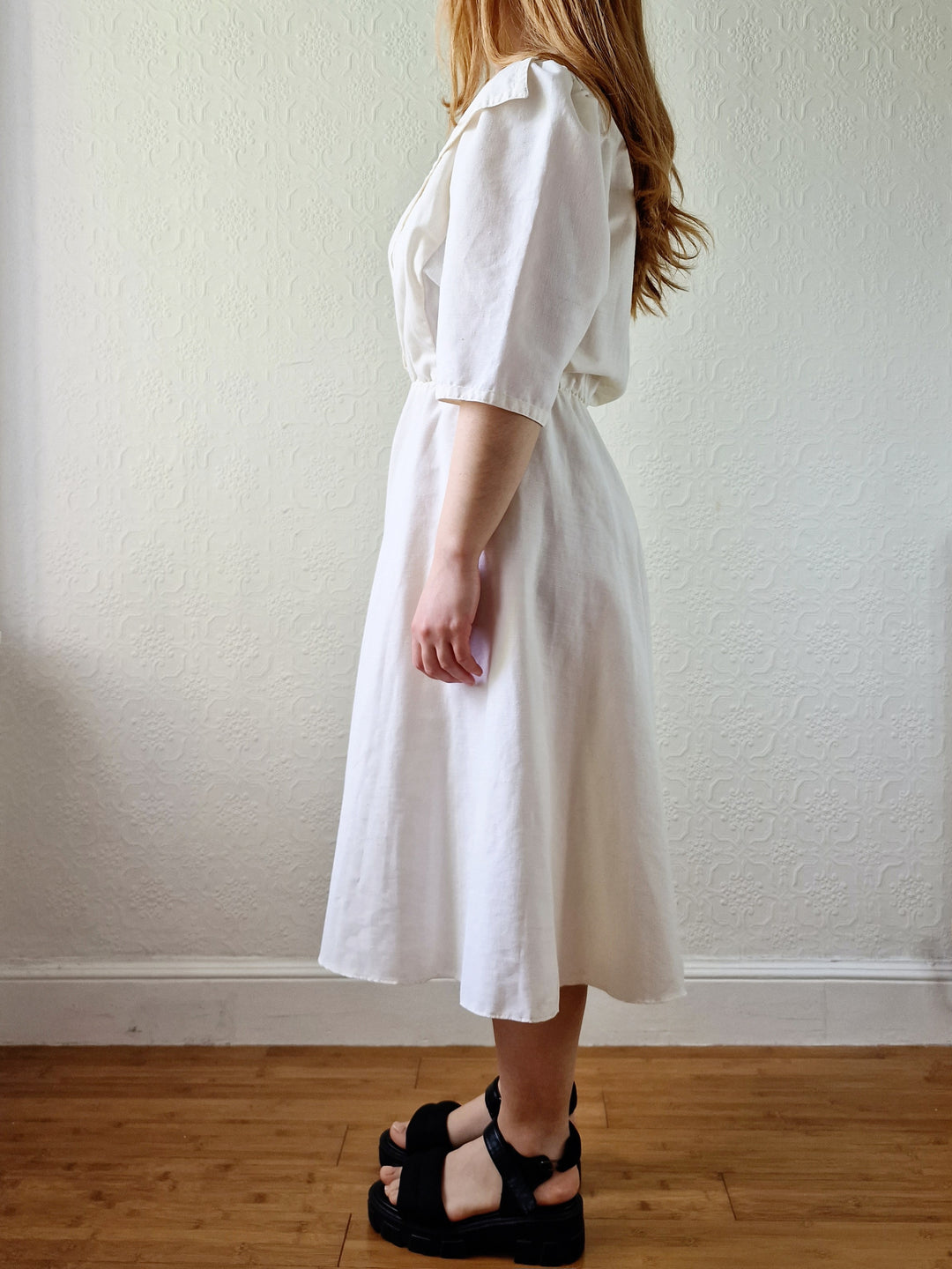 Vintage Cream Short Sleeve Dress with Sailor Collar - M/L