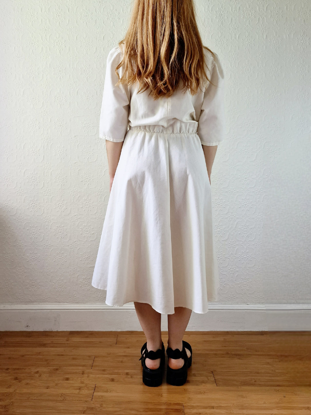 Vintage Cream Short Sleeve Dress with Sailor Collar - M/L