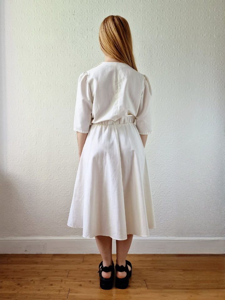 Vintage Cream Short Sleeve Dress with Sailor Collar - M/L