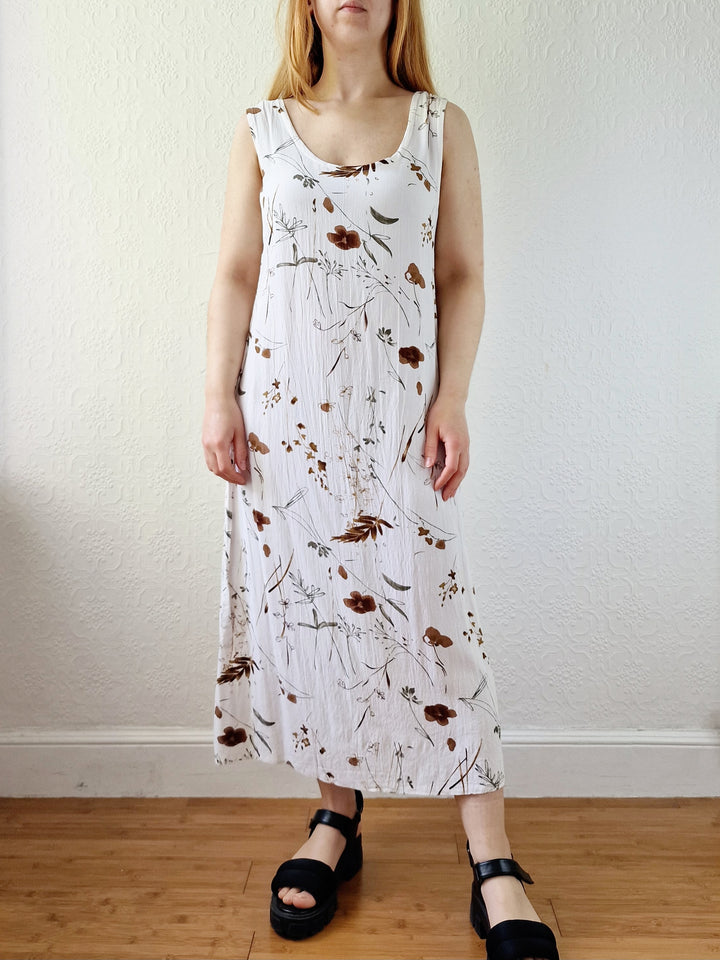 Vintage 90s White Floral Sleeveless Midi Dress - S/M