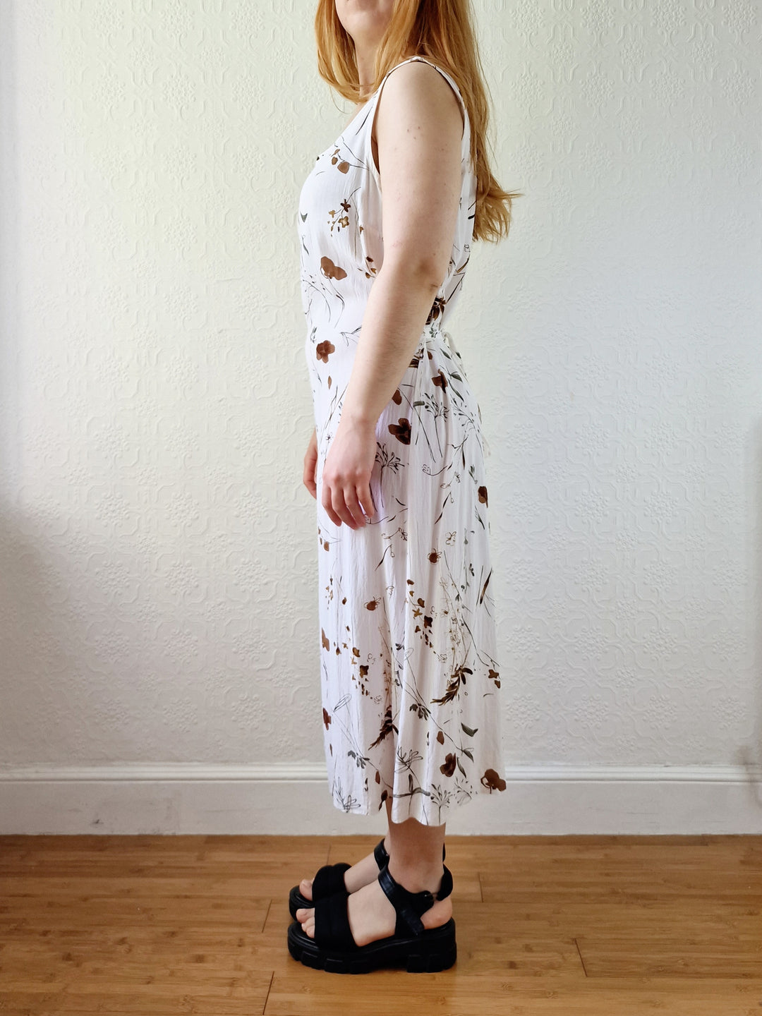 Vintage 90s White Floral Sleeveless Midi Dress - S/M