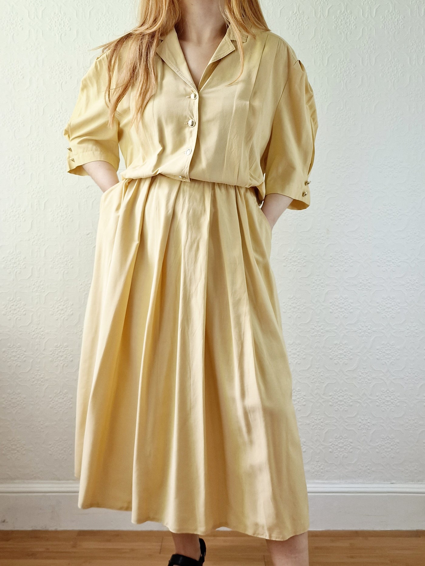 Vintage 80s Ochre Short Sleeve Shirt Dress - L/XL