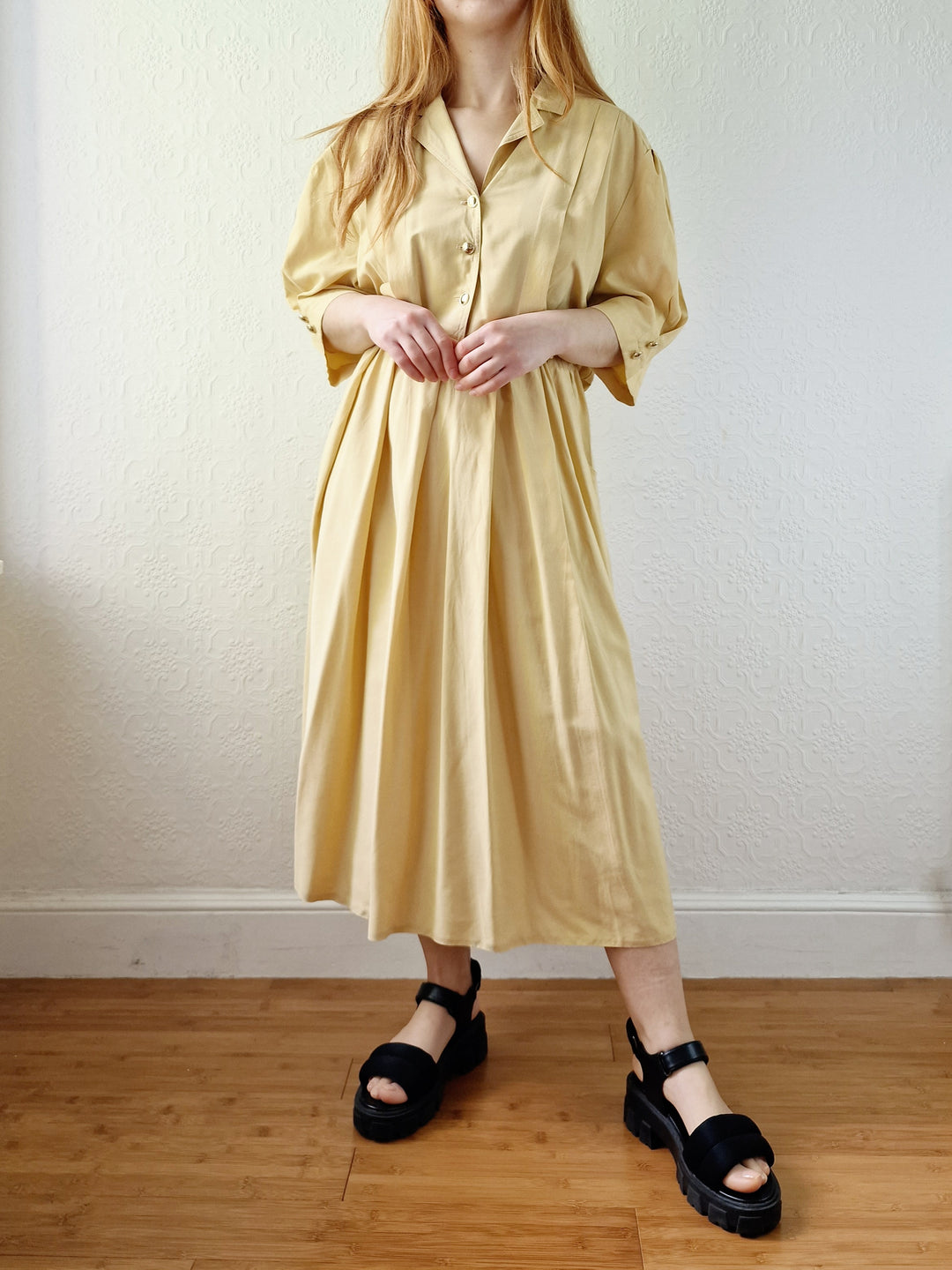 Vintage 80s Ochre Short Sleeve Shirt Dress - L/XL