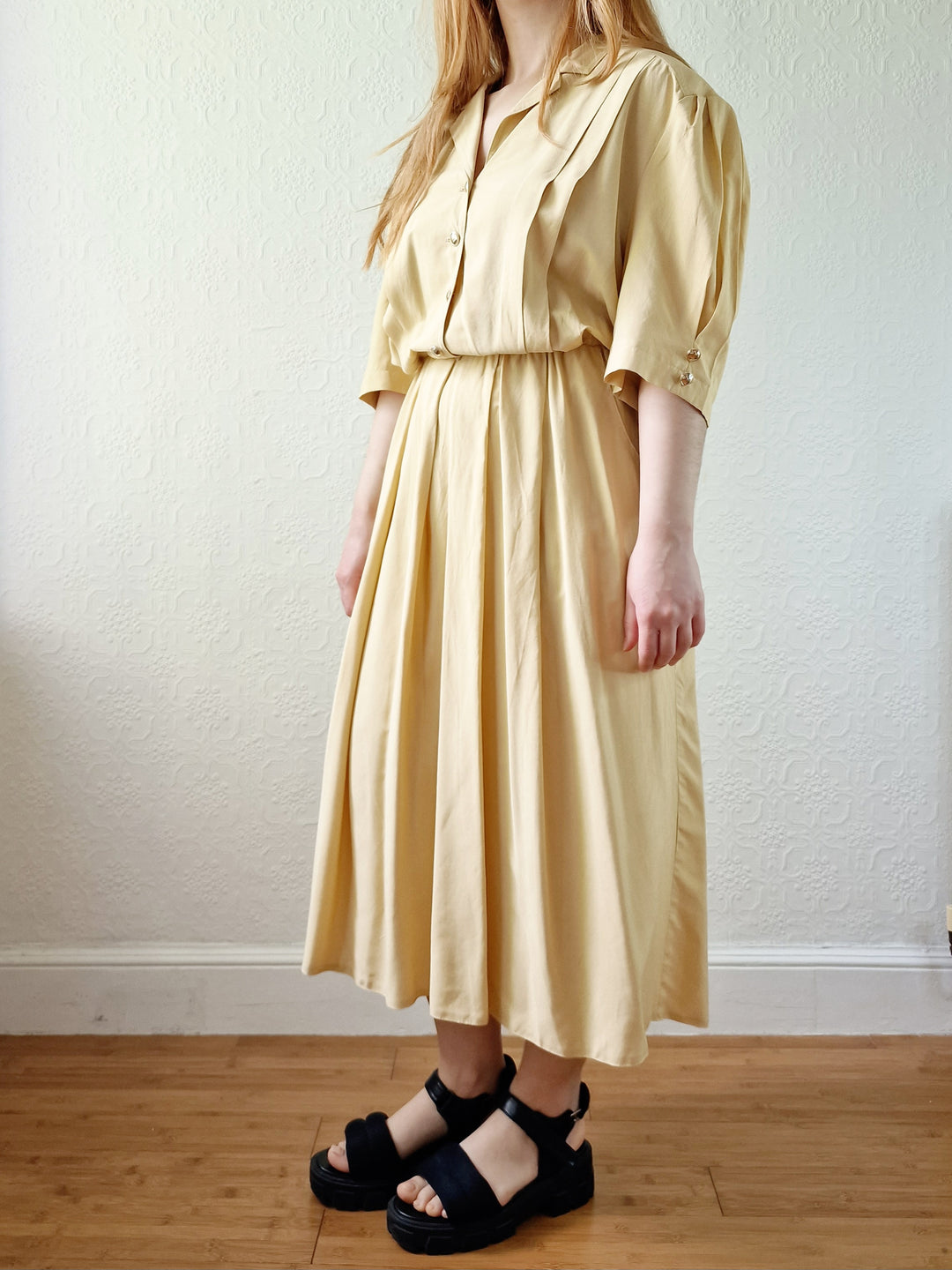 Vintage 80s Ochre Short Sleeve Shirt Dress - L/XL