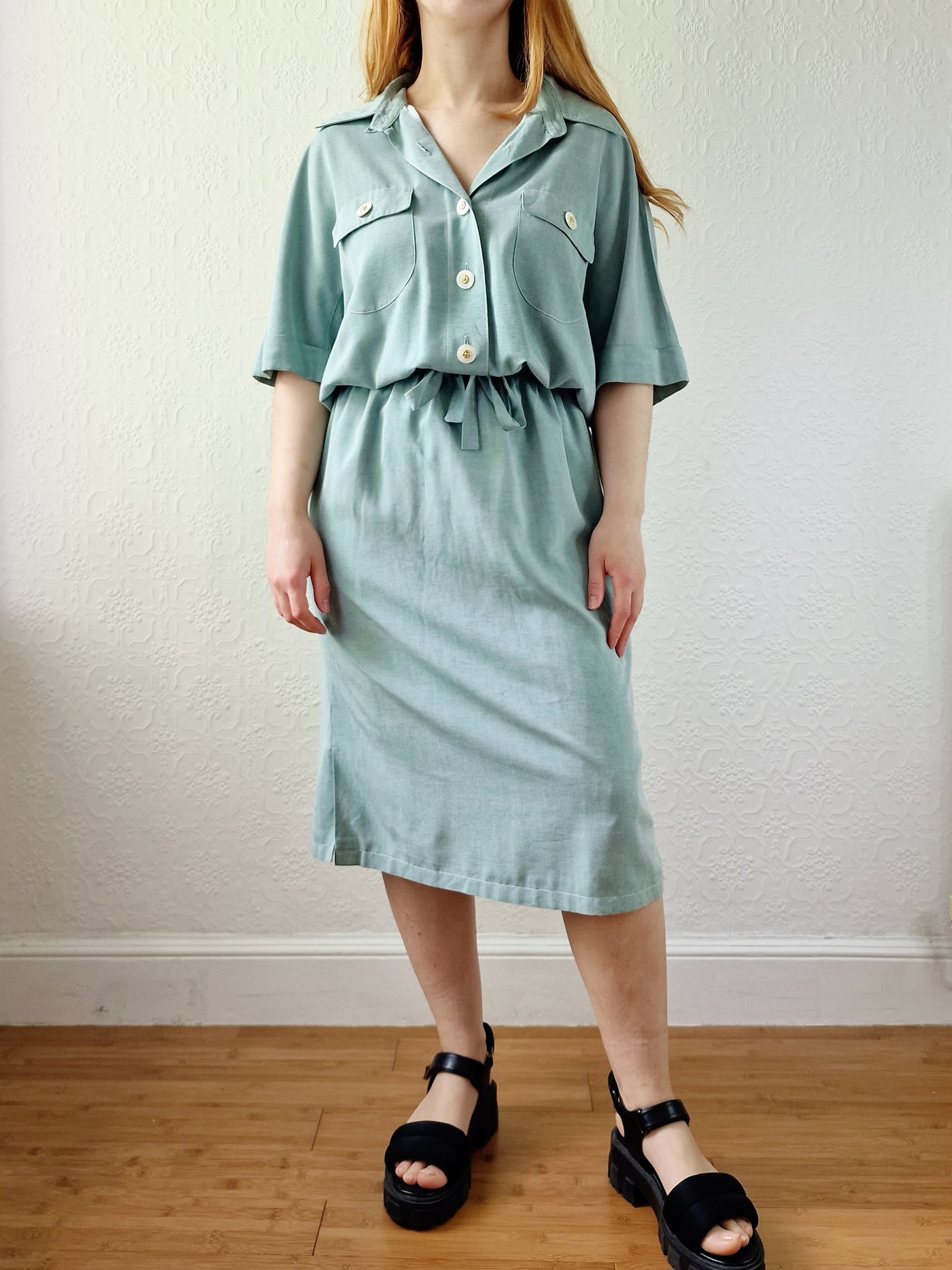 Vintage 80s Duck Egg Shirt Dress with Short Sleeves - S