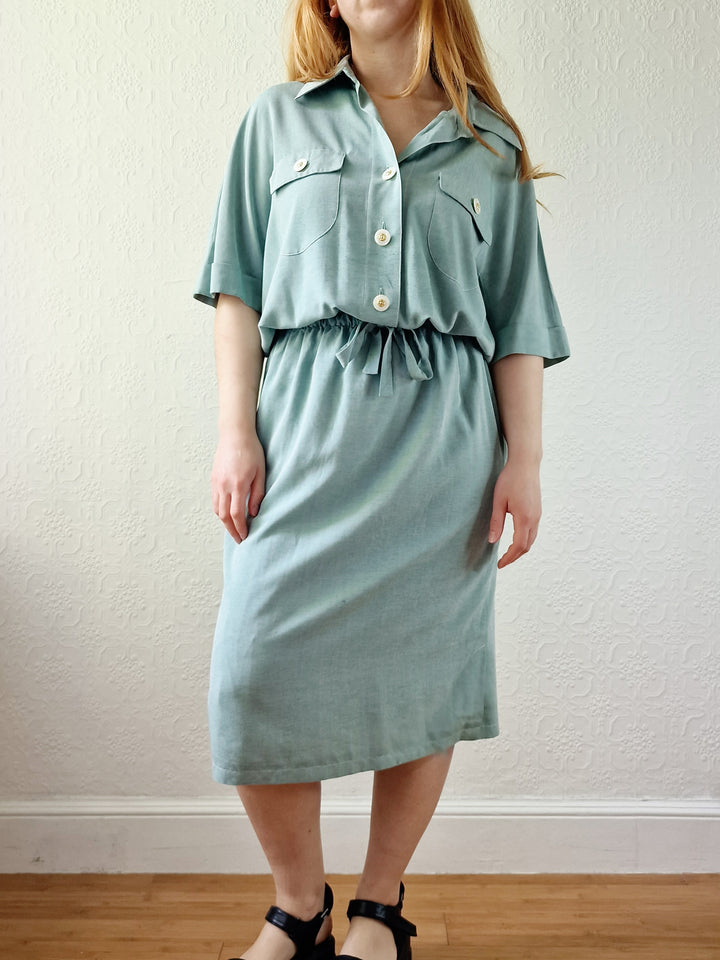 Vintage 80s Duck Egg Shirt Dress with Short Sleeves - S