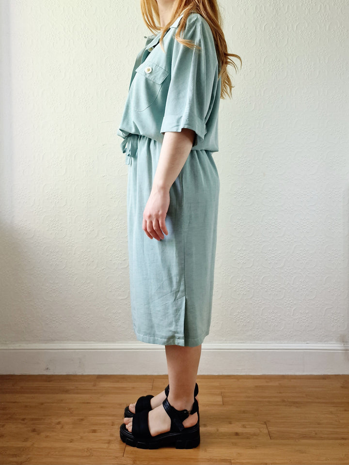 Vintage 80s Duck Egg Shirt Dress with Short Sleeves - S