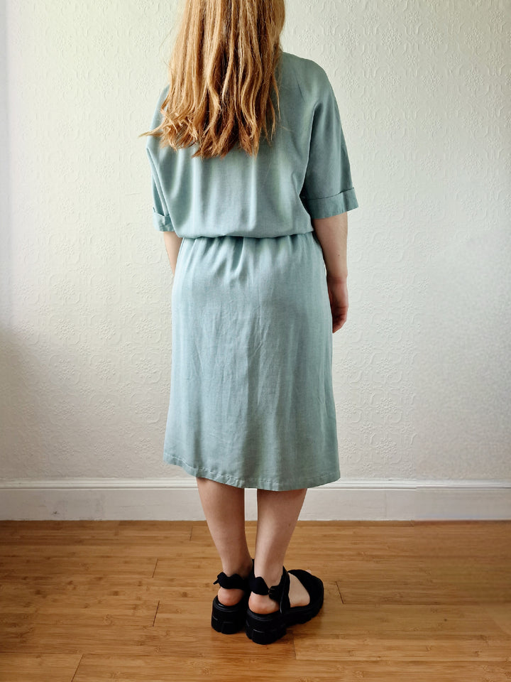 Vintage 80s Duck Egg Shirt Dress with Short Sleeves - S