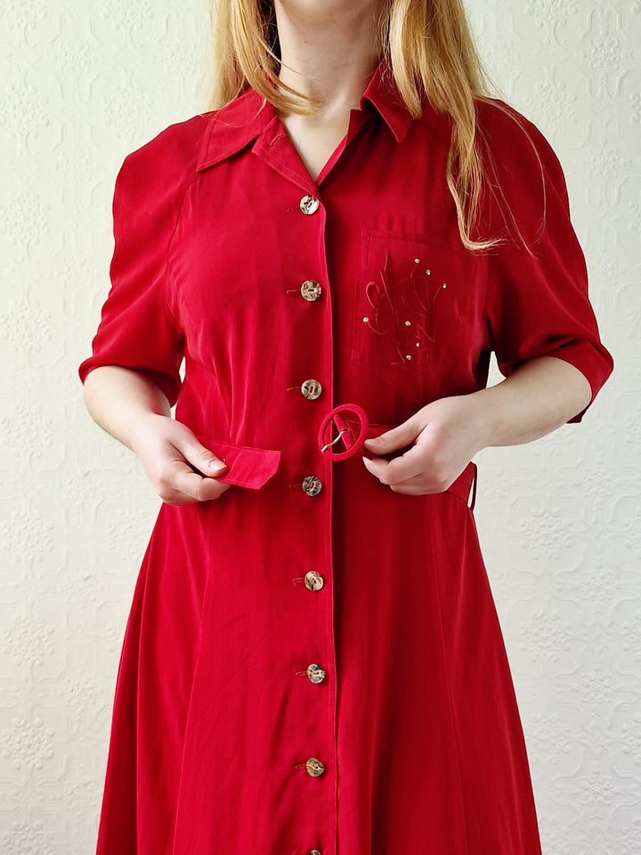 Vintage 80s Cherry Red Midi Dress with Short Sleeves - M