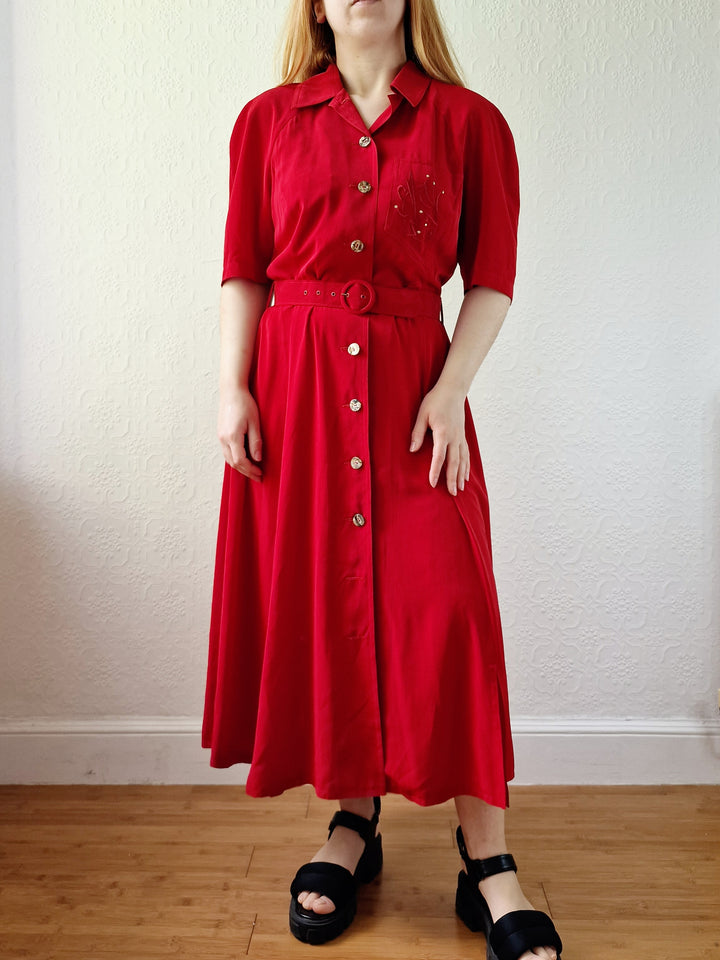 Vintage 80s Cherry Red Midi Dress with Short Sleeves - M