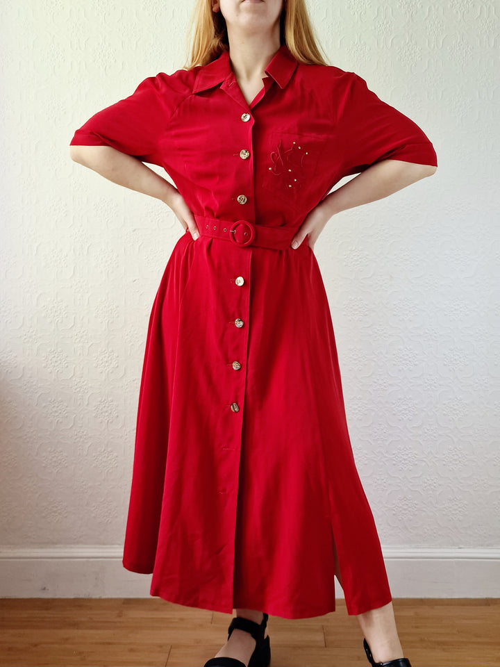 Vintage 80s Cherry Red Midi Dress with Short Sleeves - M