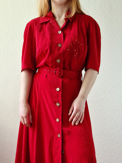 Vintage 80s Cherry Red Midi Dress with Short Sleeves - M