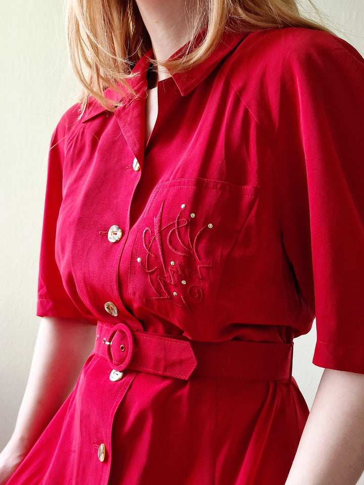 Vintage 80s Cherry Red Midi Dress with Short Sleeves - M