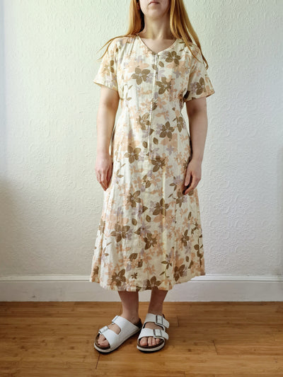 Vintage 90s Beige Floral Short Sleeve Dress - M