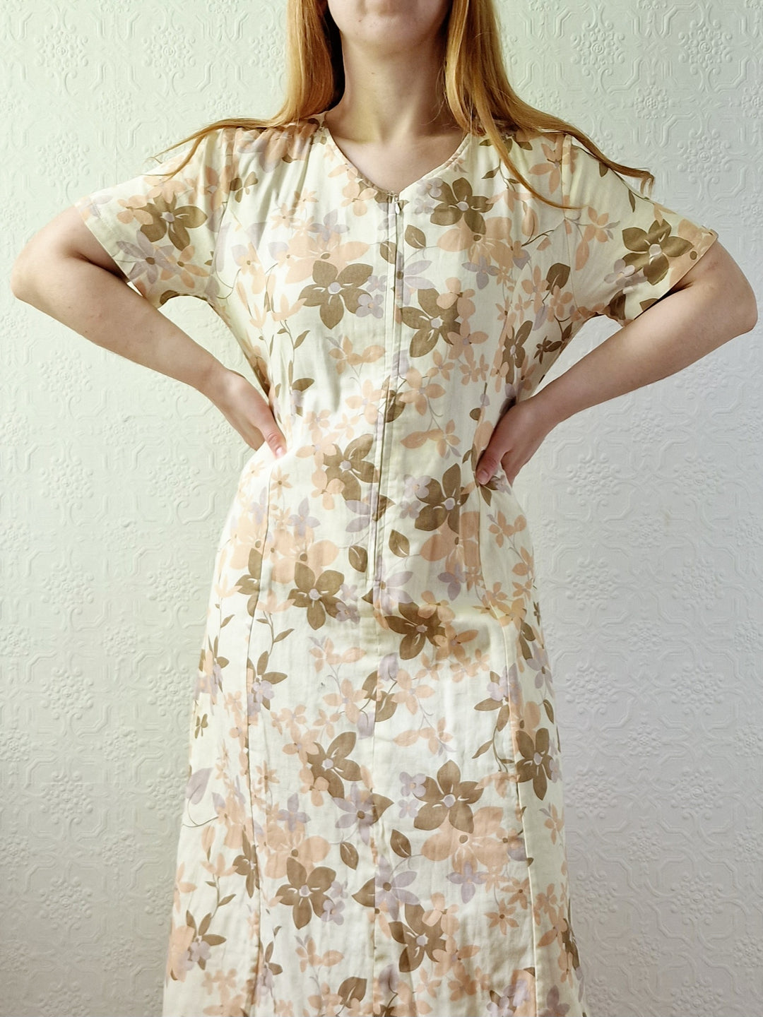 Vintage 90s Beige Floral Short Sleeve Dress - M