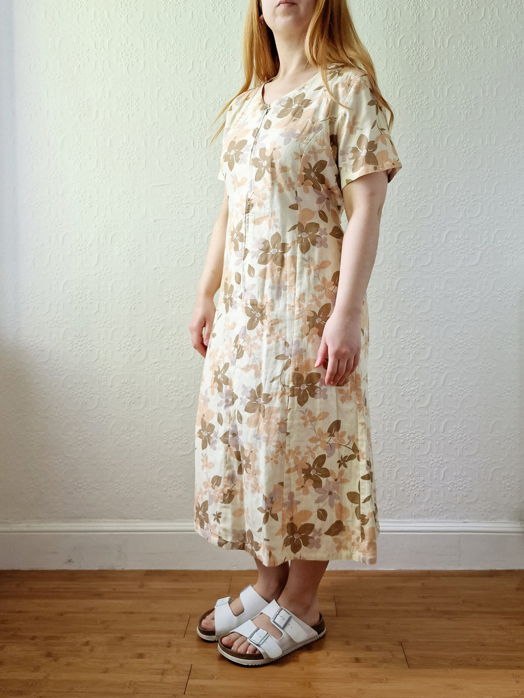 Vintage 90s Beige Floral Short Sleeve Dress - M