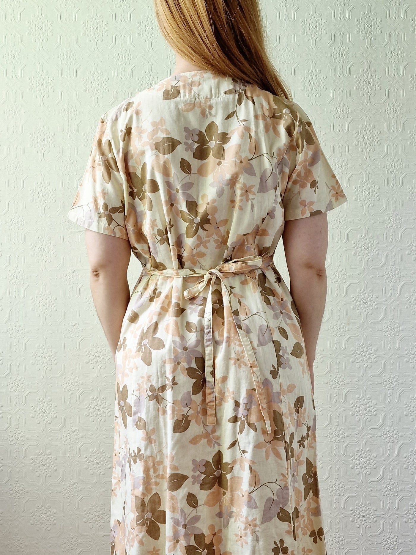 Vintage 90s Beige Floral Short Sleeve Dress - M