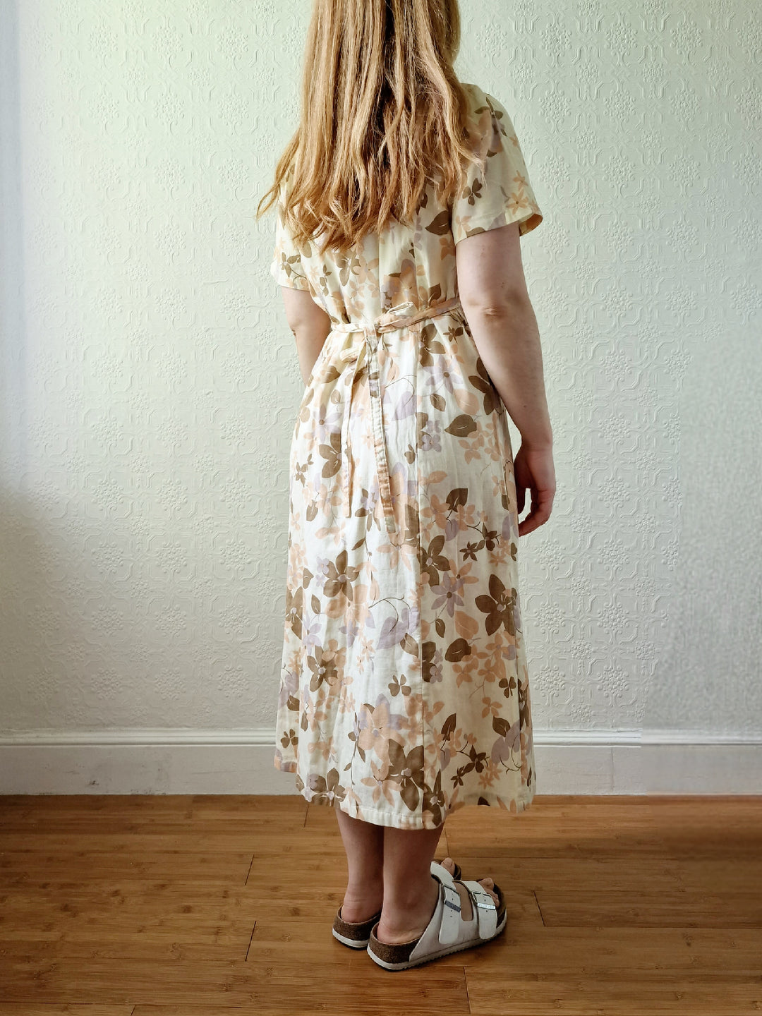 Vintage 90s Beige Floral Short Sleeve Dress - M